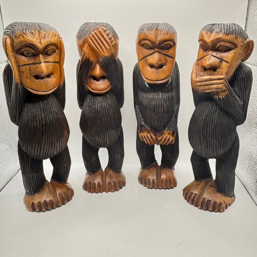 Vintage Hand Carved Wood Three Wise Monkeys + Do No Evil Set of 4 10" Figurines